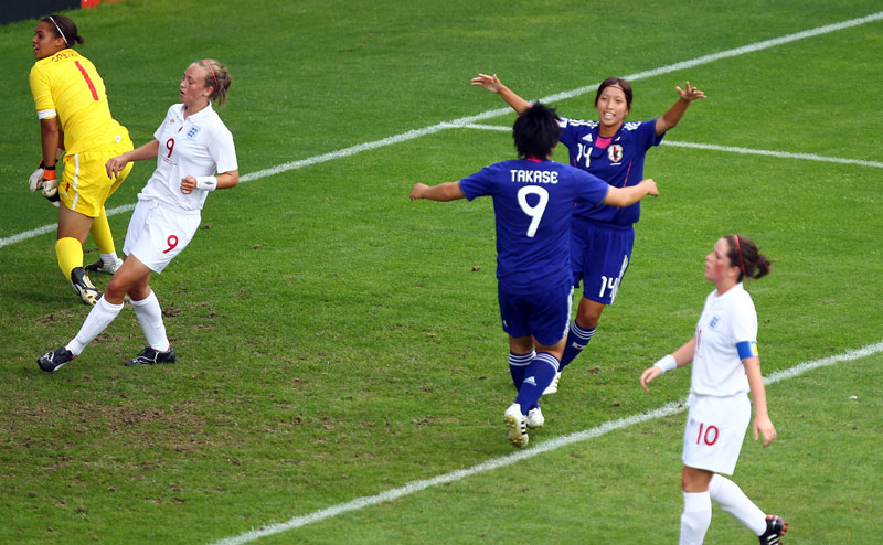 Japan celebrate their opening goal against England.